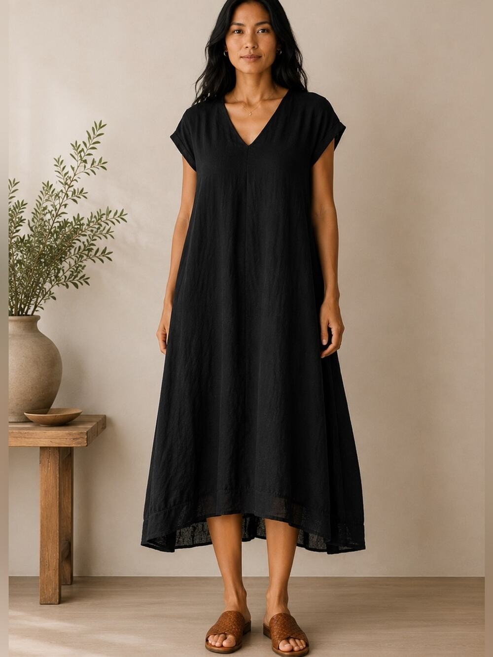 Oh My Gauze Black Gauze Midi Dress | Boho Coastal Minimalist Flowy | S/M (1)